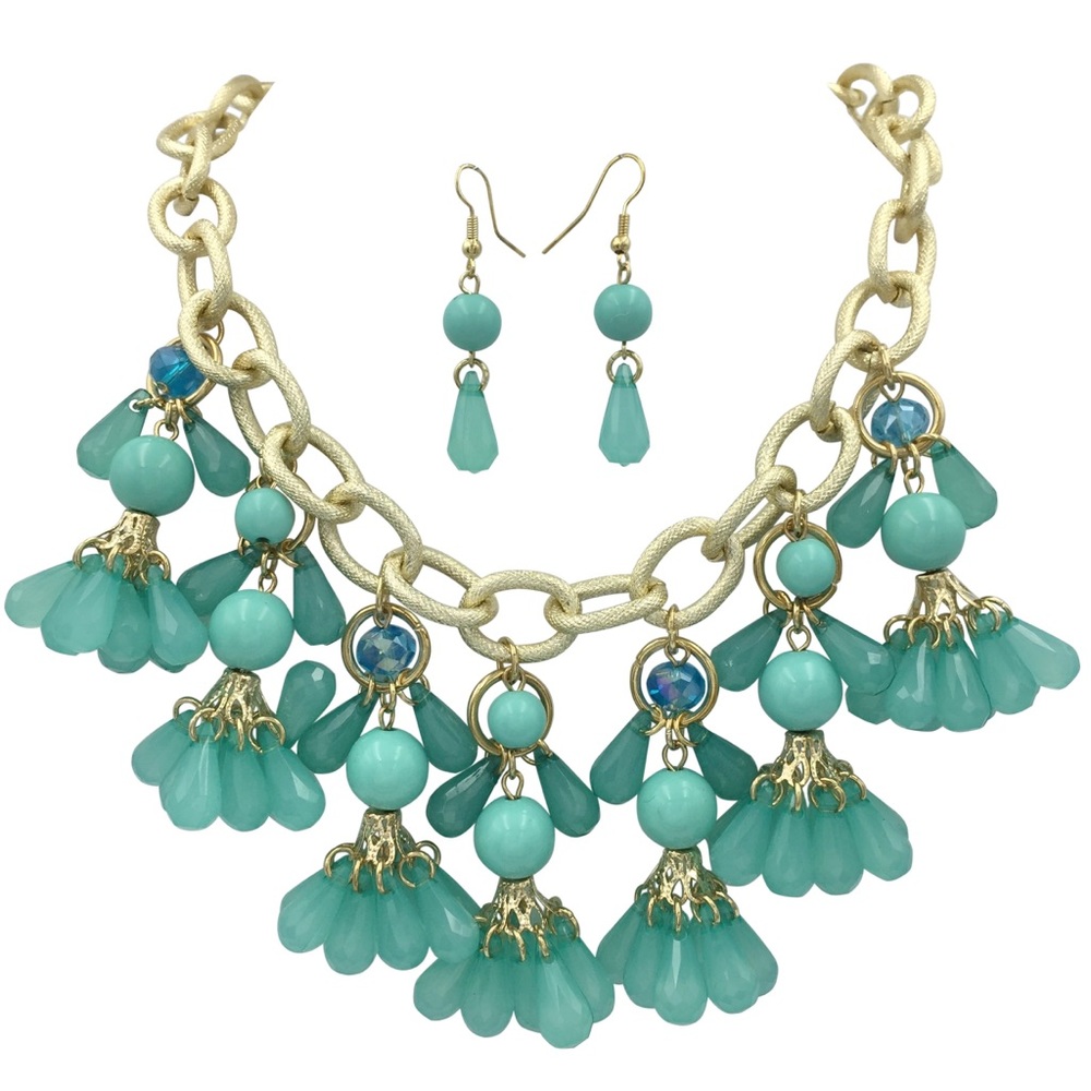 Mint Green Chunky Bead Cluster Gold Statement Necklace Earrings Set